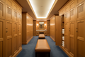 Luxury country club locker room with warm birch wood lockers in honey finish, brass hardware, soft recessed lighting