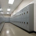 Locker room row with uniform slope top panels, clean institutional appearance