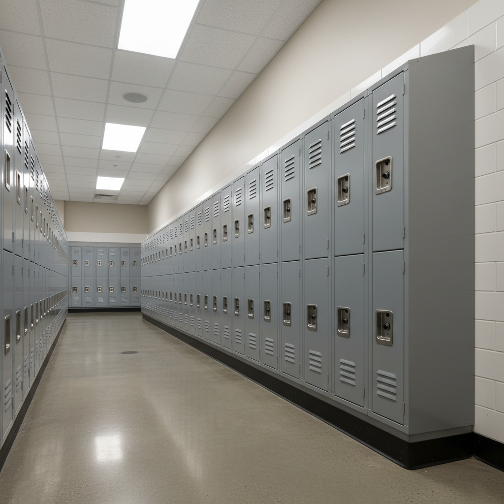 Locker room row with uniform slope top panels, clean institutional appearance
