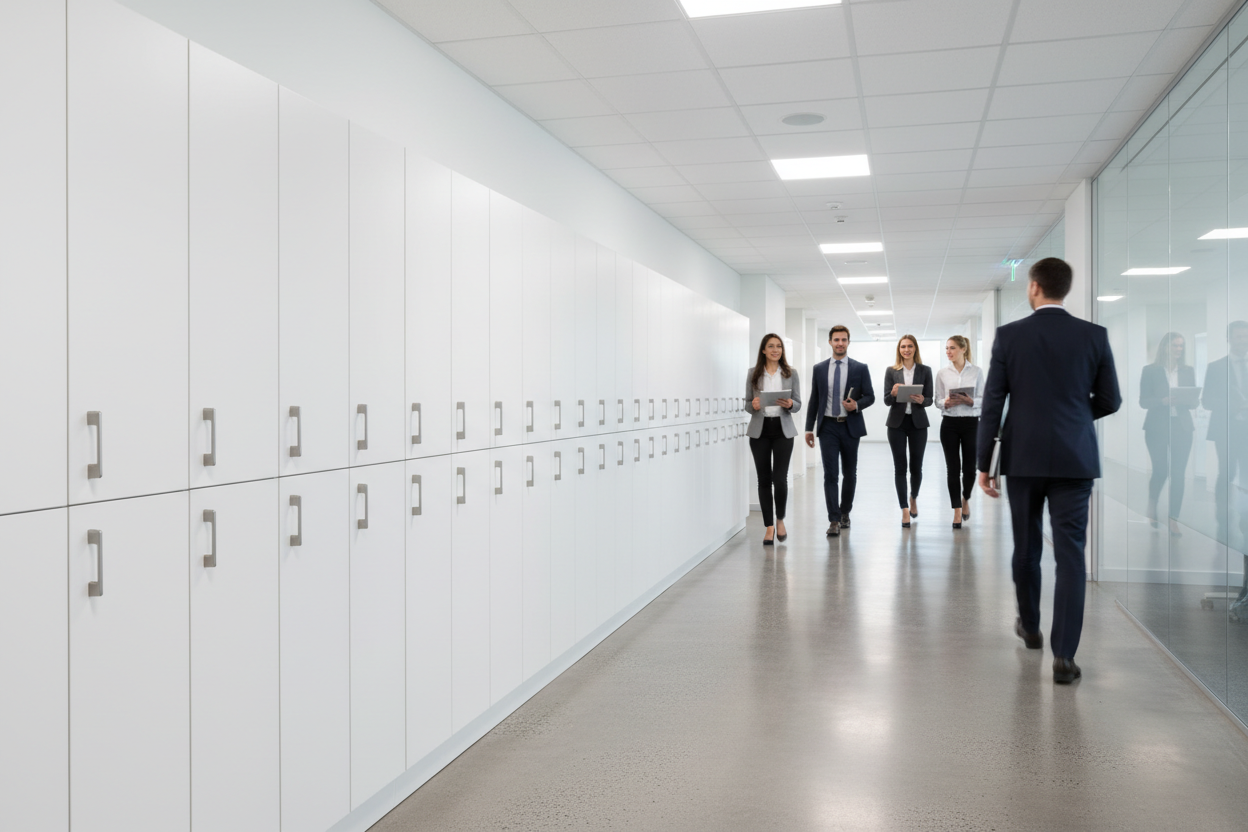 Modern corporate office corridor with row of white laminate single-tier lockers