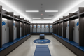 NFL-caliber athletic training facility locker room with wide-body phenolic lockers, custom team logos, player name plates