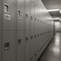 Gymnasium locker row with matching brushed aluminum number plates on each door