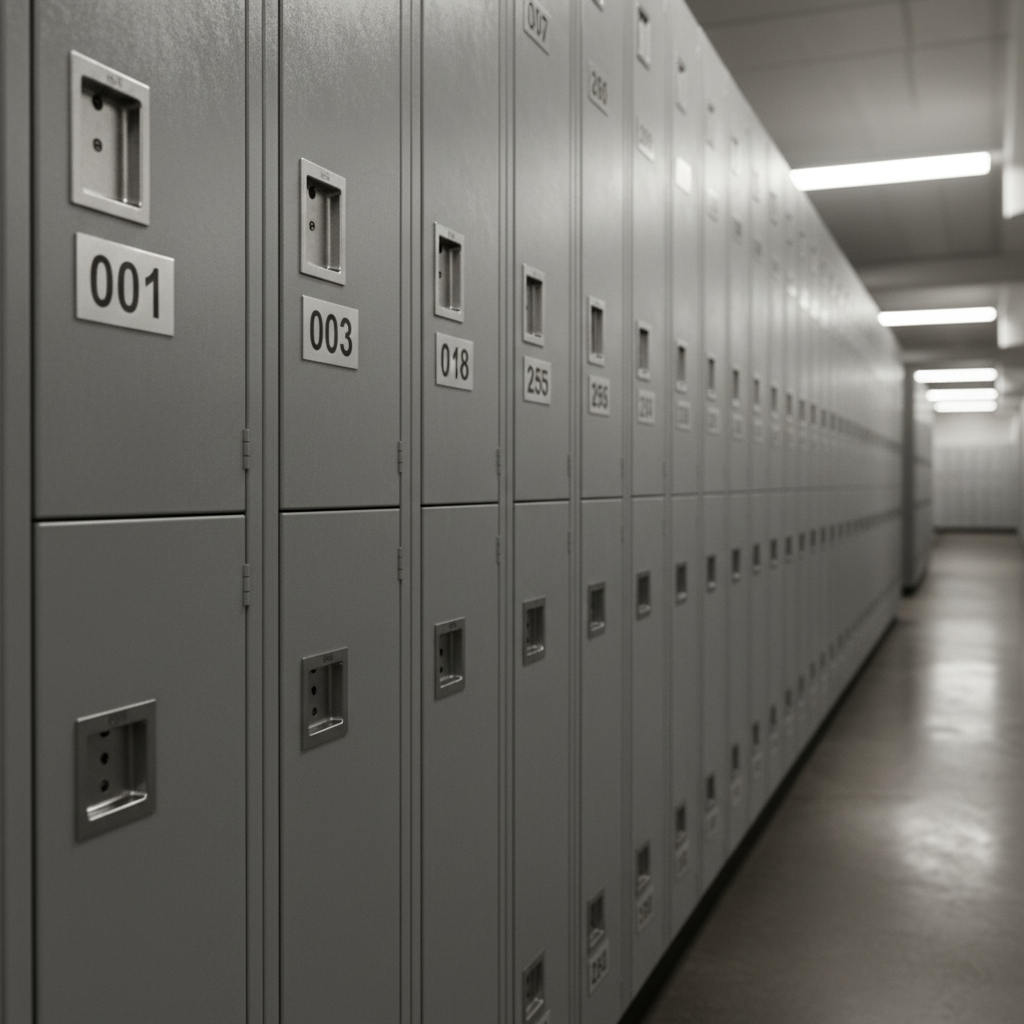 Gymnasium locker row with matching brushed aluminum number plates on each door
