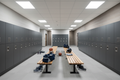 Wide locker room scene with maple slat benches between rows of FOREMAN® phenolic lockers