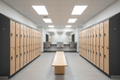 Completed 20-locker room with two facing rows, maple benches down the center aisle, slope tops and number plates installed