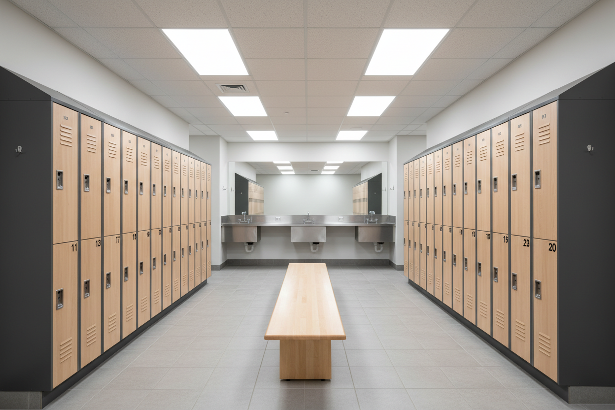 Completed 20-locker room with two facing rows, maple benches down the center aisle, slope tops and number plates installed