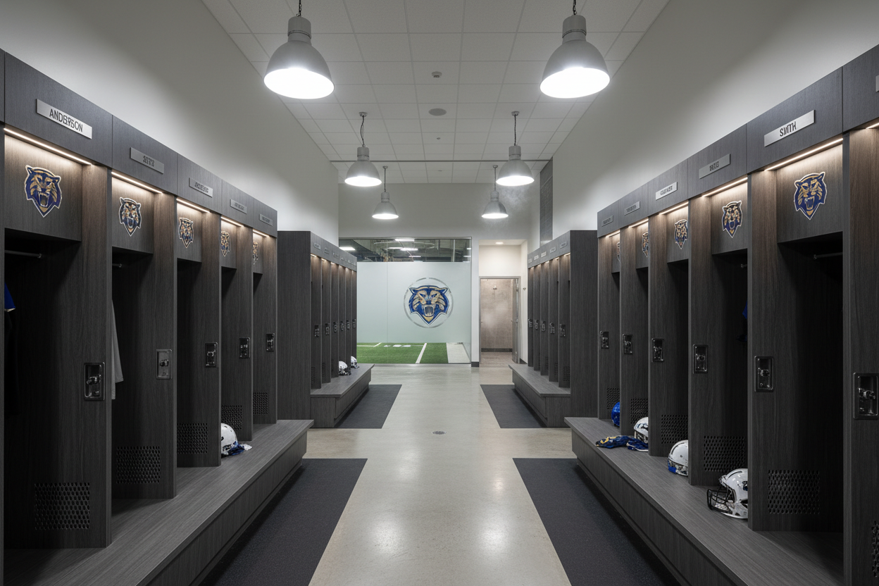 University athletic facility locker room with two facing rows of signature phenolic locker banks, player name plates, custom logos
