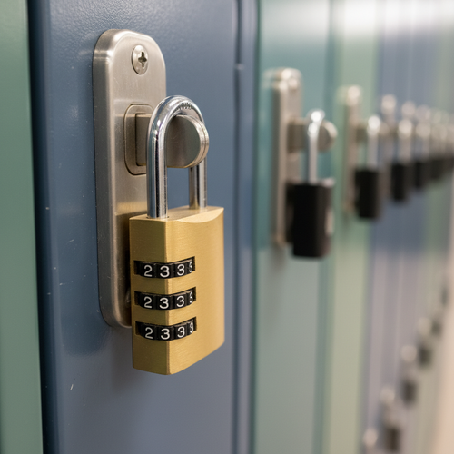 FOREMAN® 3-dial combination padlock latched through polished aluminum hasp on phenolic locker door