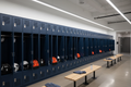 Athletic facility locker room with wide 2-tier navy phenolic lockers, basketball bags and helmets visible