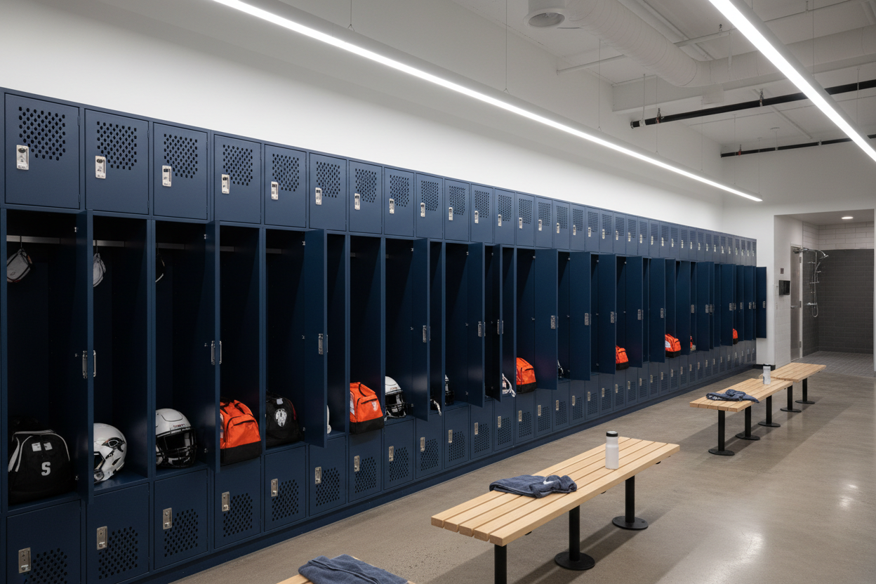 Athletic facility locker room with wide 2-tier navy phenolic lockers, basketball bags and helmets visible