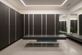 Modern fitness club locker room with 72-inch wall-mounted bench floating between phenolic locker columns, concrete floor visible beneath