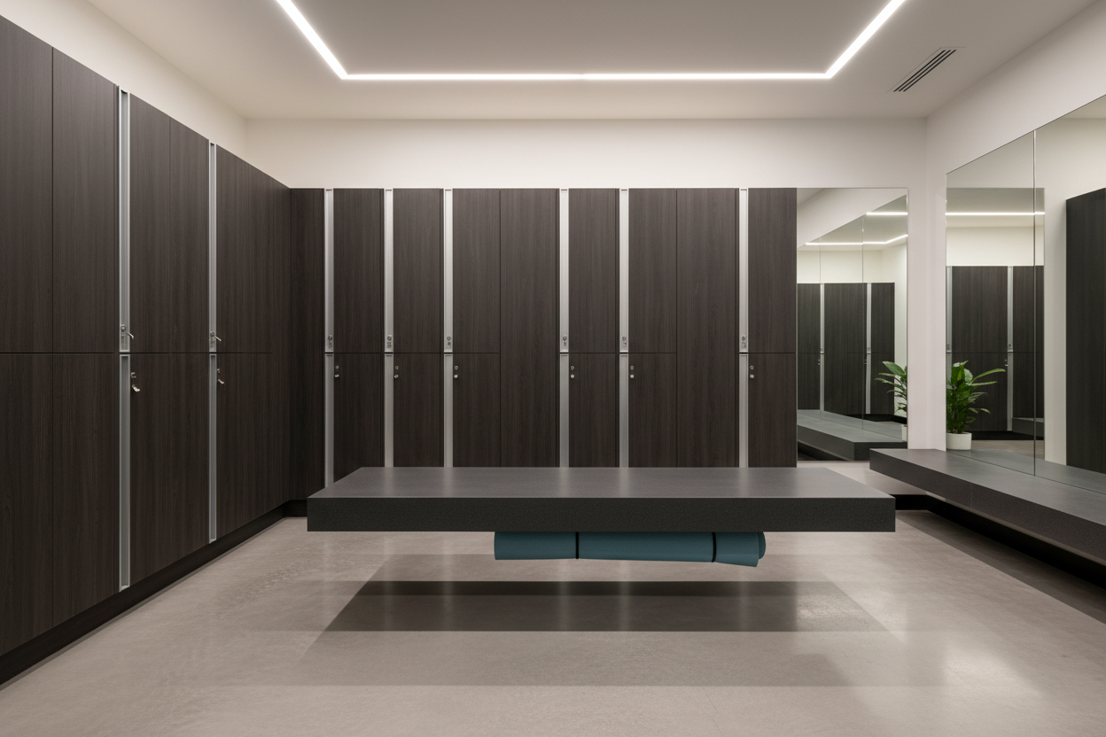Modern fitness club locker room with 72-inch wall-mounted bench floating between phenolic locker columns, concrete floor visible beneath