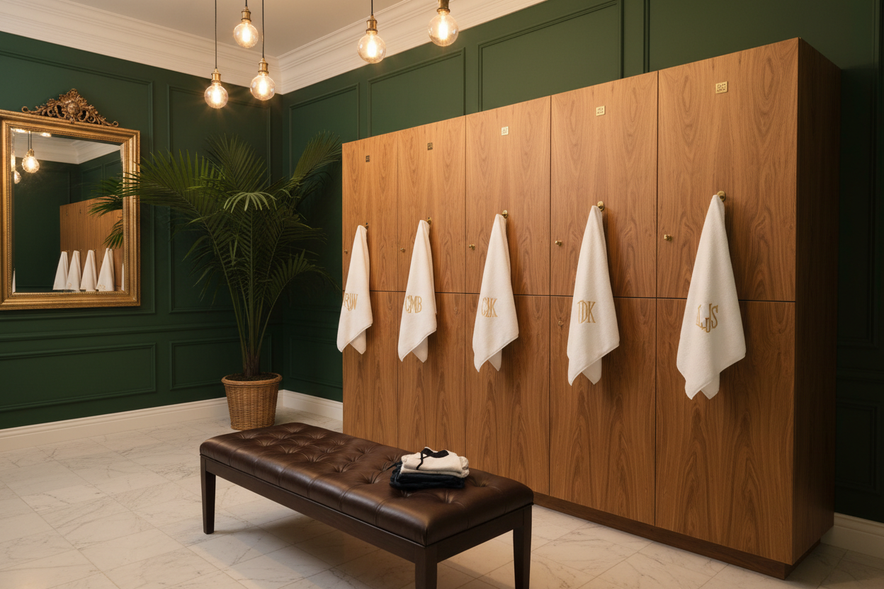 Executive locker room with 4-column birch veneer locker bank, monogrammed towels, leather bench, warm incandescent lighting
