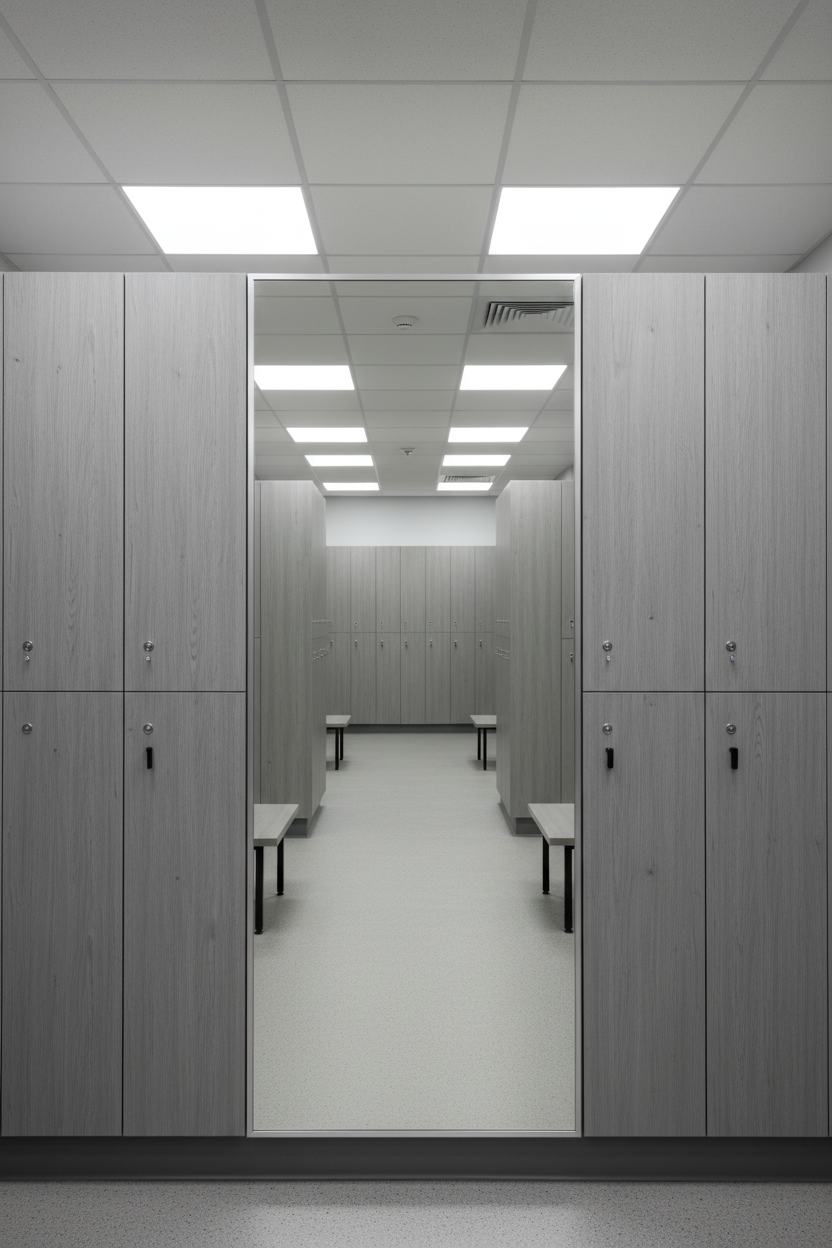 Full-length mirror panel installed between two phenolic locker columns reflecting the locker room aisle