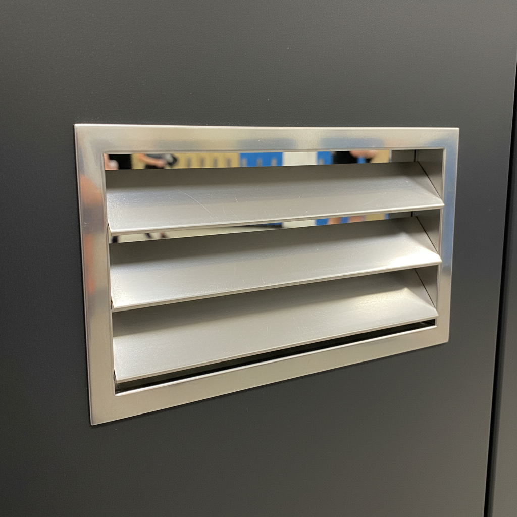 Aluminum ventilation louver installed in dark phenolic locker door showing 45-degree blade angle