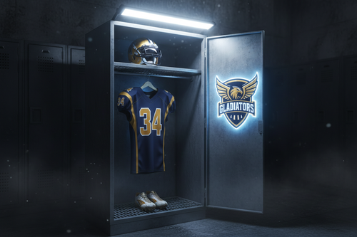 Open athletic locker with jersey, helmet, cleats, and custom team logo glowing on back panel
